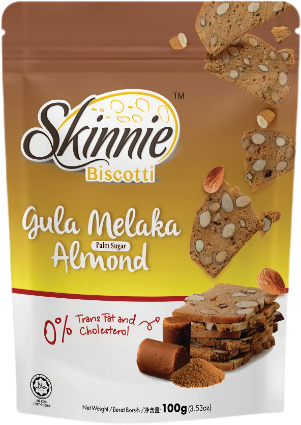 Skinnie Biscotti 100gram Pouch - Gula Melaka Almond