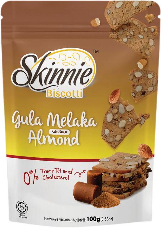 Skinnie Biscotti 100gram Pouch - Gula Melaka Almond